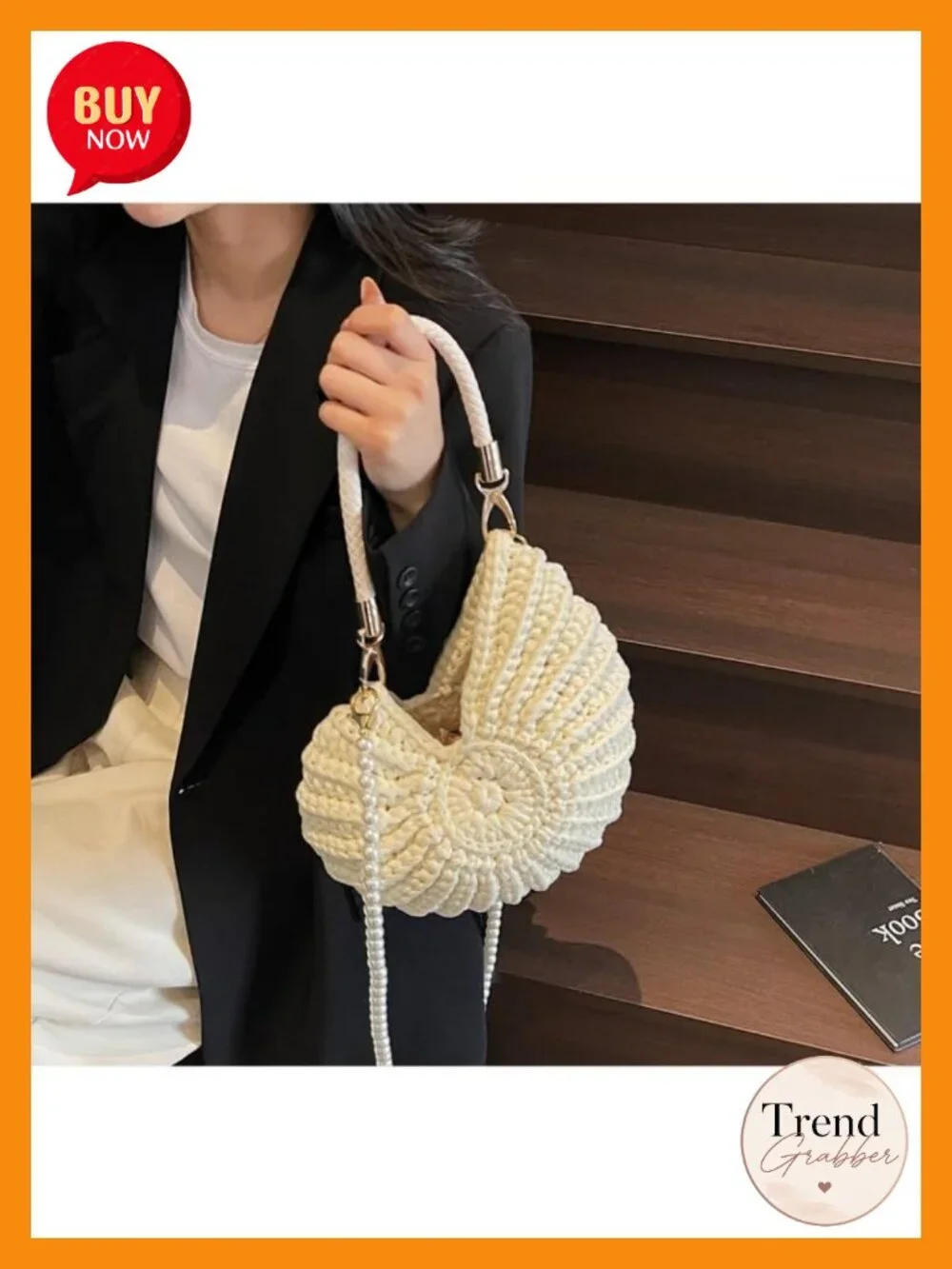 Handwoven Fashion Seashell Bag Boho Clutch Pearl Strap Leather Handle
